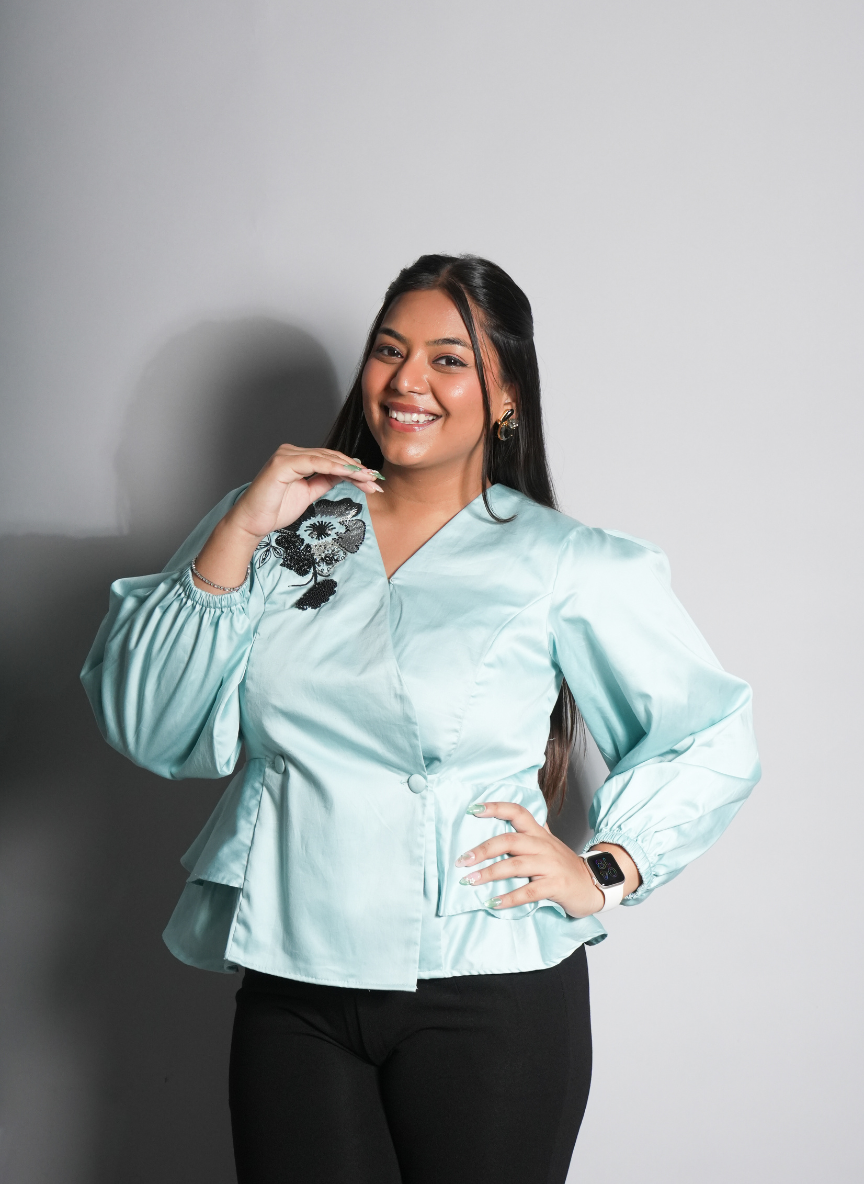 Azure Floral Wrap Blouse