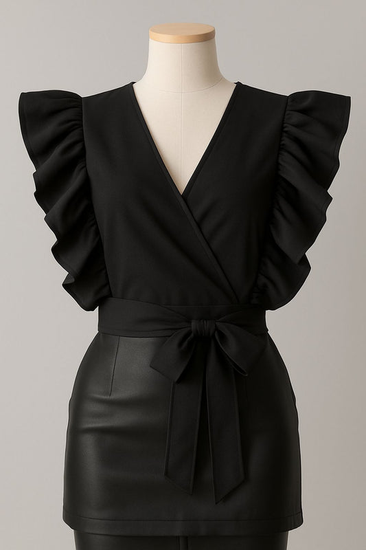 Black Ruffle Wrap Top
