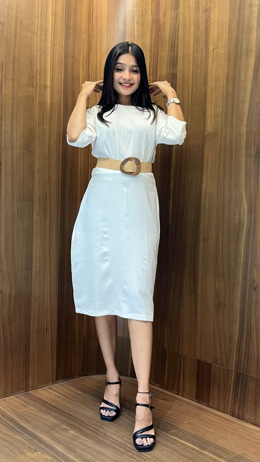 White Brown Belt Dress