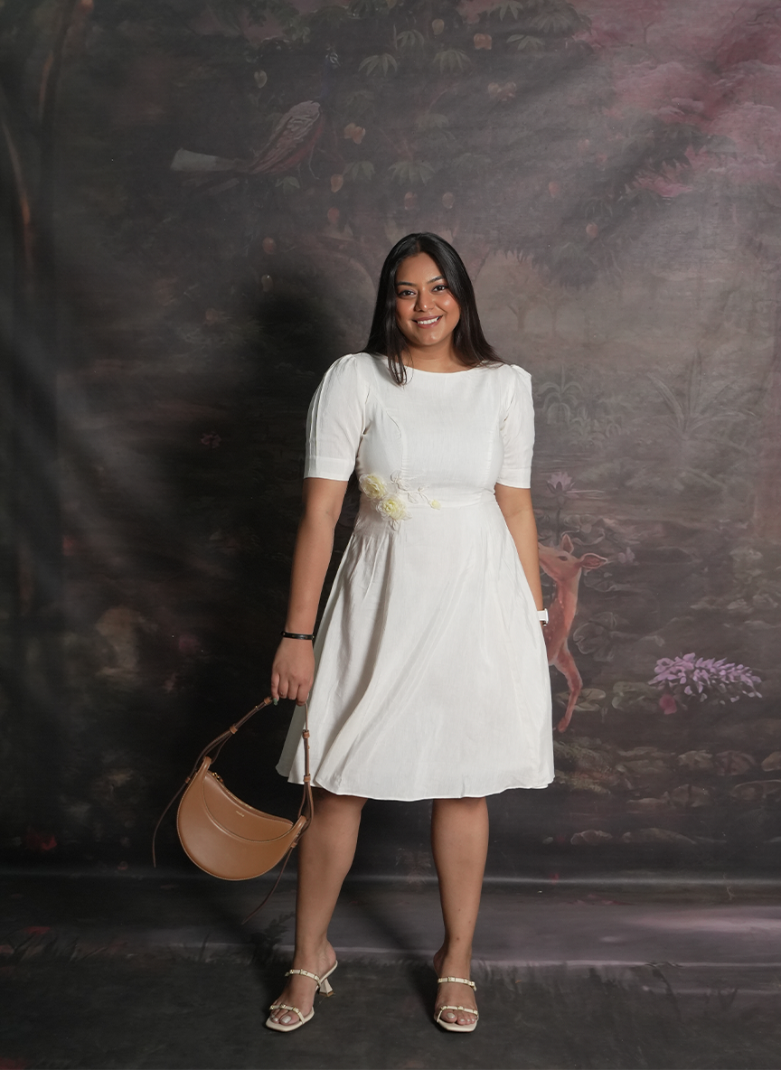 Floral-Accented White Midi Dress