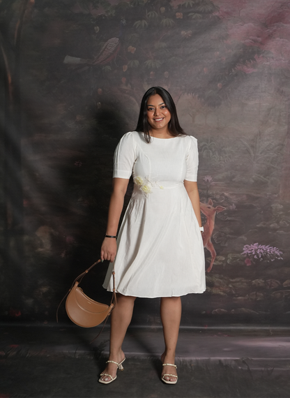 Floral-Accented White Midi Dress