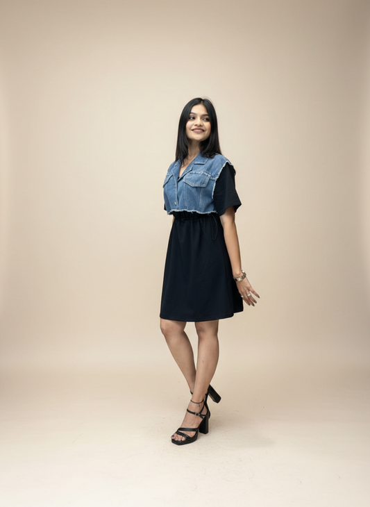 Denim-Contrast Panel Dress