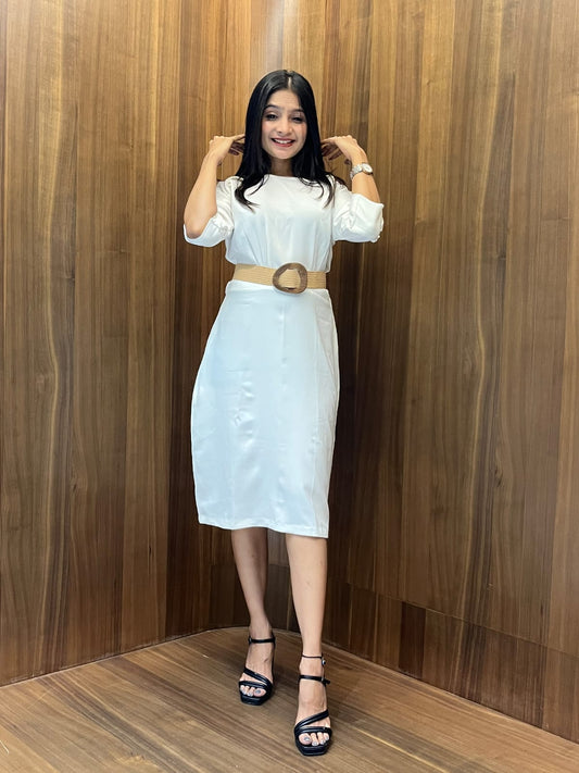 White Brown Belt Dress
